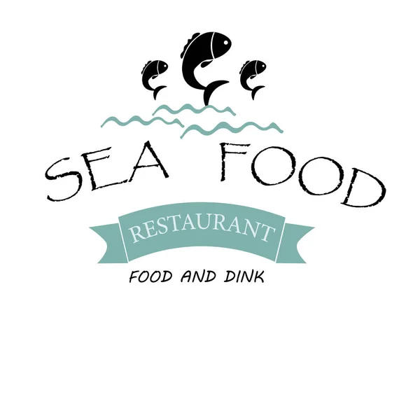 Restoranın adı balık ve dalgalar ve metin yazıt deniz ürünleri ile mavi reklam için vektör logo banner