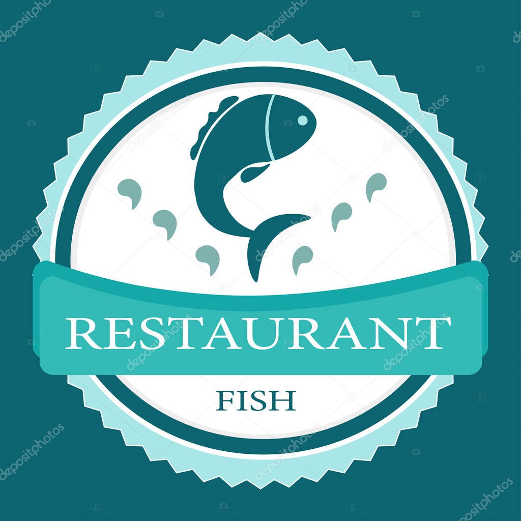 Vector logo banner for advertising restaurant name blue turquoise color with fish and text inscription