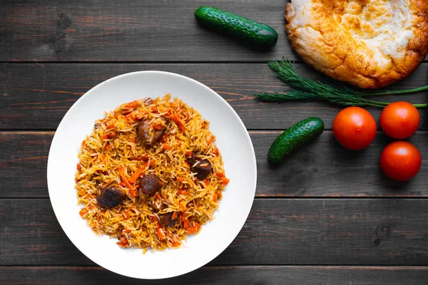 Concepto Cocina Oriental Pilaf Tradicional Iraní Con Carne Cordero Sobre Imagen De Stock