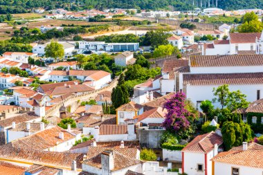 Obidos, Portekiz: Ortaçağ evleri, duvar ve Albarra kulesi bulunan şehir manzarası. Obidos hala kale duvarları arasında bulunan ve turistler arasında çok popüler bir ortaçağ kasabasıdır..