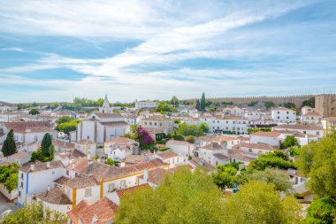 Obidos, Portekiz: Ortaçağ evleri, duvar ve Albarra kulesi bulunan şehir manzarası. Obidos hala kale duvarları arasında bulunan ve turistler arasında çok popüler bir ortaçağ kasabasıdır..