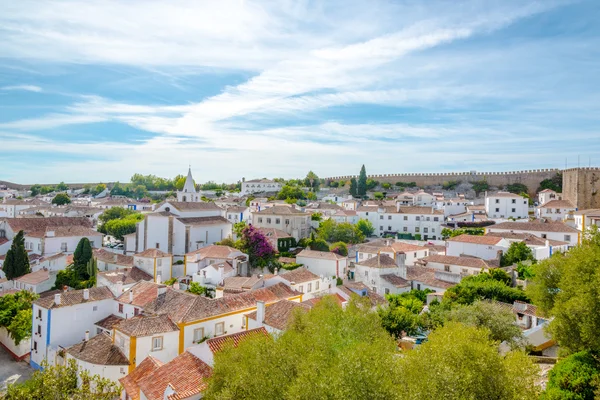 Óbidos, Portugal: Cidade da cidade com casas medievais, muralha e torre de Albarra. Óbidos é uma cidade medieval ainda dentro das muralhas do castelo, e muito popular entre os turistas. — Fotografia de Stock