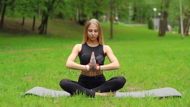 La chica en el parque se dedica a la gimnasia — Vídeos de Stock