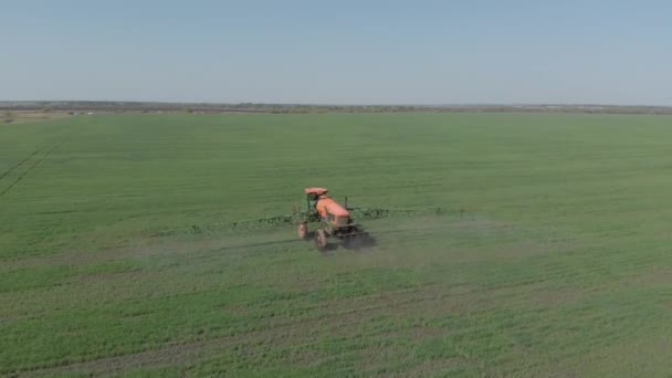 Traktoren behandler feltet med plantevernmidler og bladfôr – stockvideo