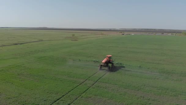 Traktoren behandler feltet med plantevernmidler og bladfôr – stockvideo