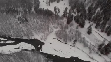 Dağ nehri ormanı kar dağları Rusya Arkhyz 'in üst manzarasını kaplıyor