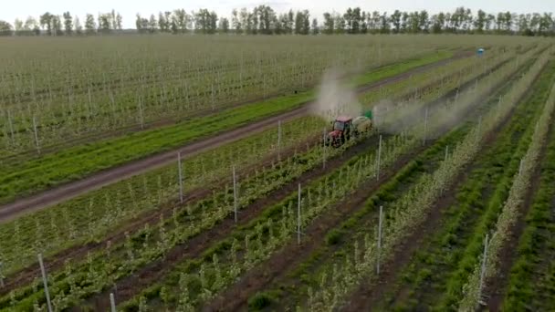 Chemische verwerking appelboomgaard machines sproeier trekker bloeiende industrie — Stockvideo