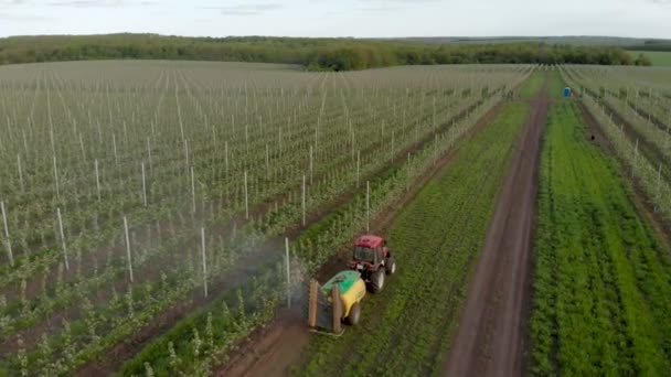 Chemische verwerking appelboomgaard machines sproeier trekker bloeiende industrie — Stockvideo