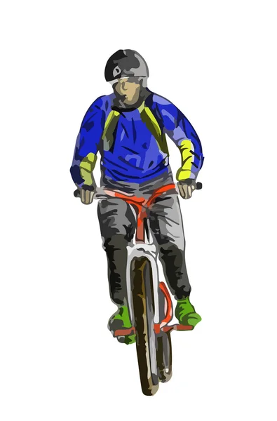 Dibujo dibujado a mano de un hombre monta en una bicicleta de montaña o bicicleta . — Vector de stock