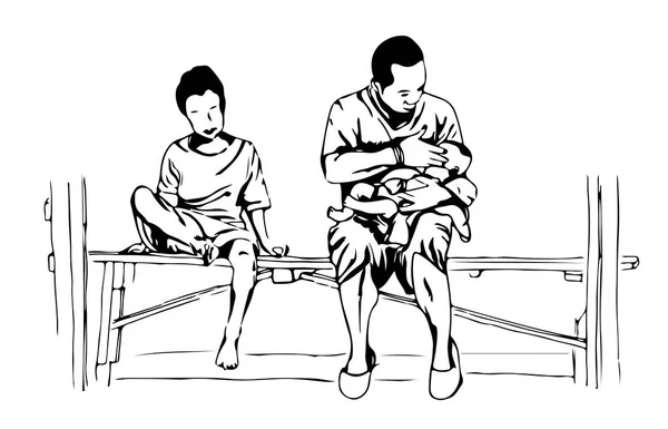 Un croquis dessiné à la main d'un père tenant un bébé dans son bras, et un jeune garçon assis sur un banc . — Image vectorielle