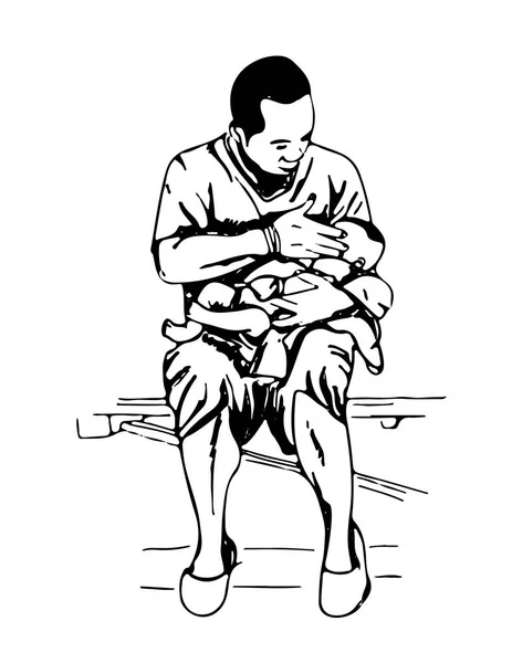 Un croquis dessiné à la main d'un père tenant un bébé dans son bras — Image vectorielle