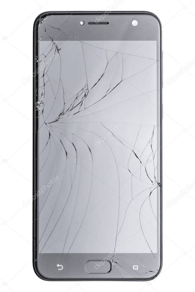 Flat lay black smartphone with broken screen isolated on white background. Black cracks on gray glass. The concept of stress, inadequacy, carelessness, negligence, fragility or repair of gadgets