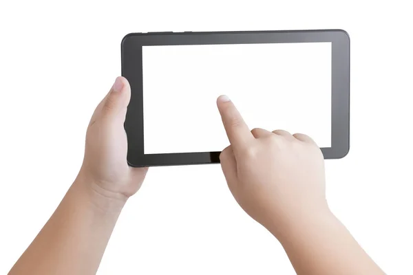 Üst görüntüde elinde siyah bir tablet olan bir çocuğun elinde beyaz bir ekran ve ekranın ortasında dokunaklı bir işaret parmağı var. Model, şablon, kopyalama alanı. - Evet.