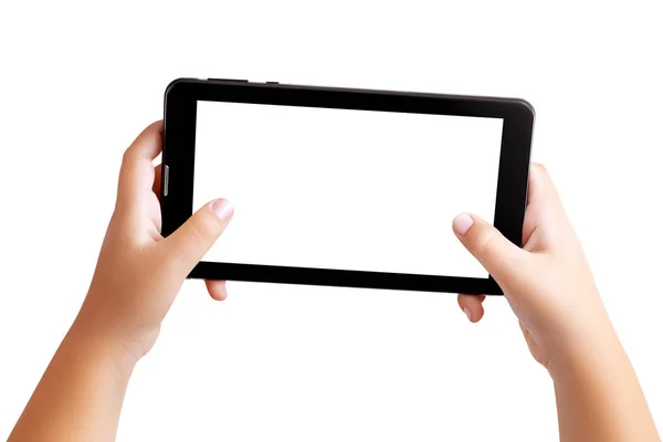 一个拿着黑色平板电脑和玩手机游戏的白人小男孩的手被堵住了。 空白白屏用于图片或文字. 复制空间，剪切路径，在白色背景上隔离. — 图库照片