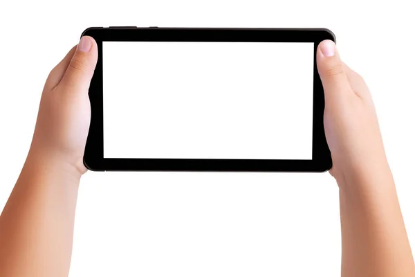 Tabletin üst görüntüsü, beyaz arka planda izole edilmiş video, film ya da çizgi film izleyen küçük bir çocuğun elinde. Boşluğu kopyala, kırpma yolu. Çevrimiçi çocuk güvenliği, cihazlar ve çocuk konsepti.