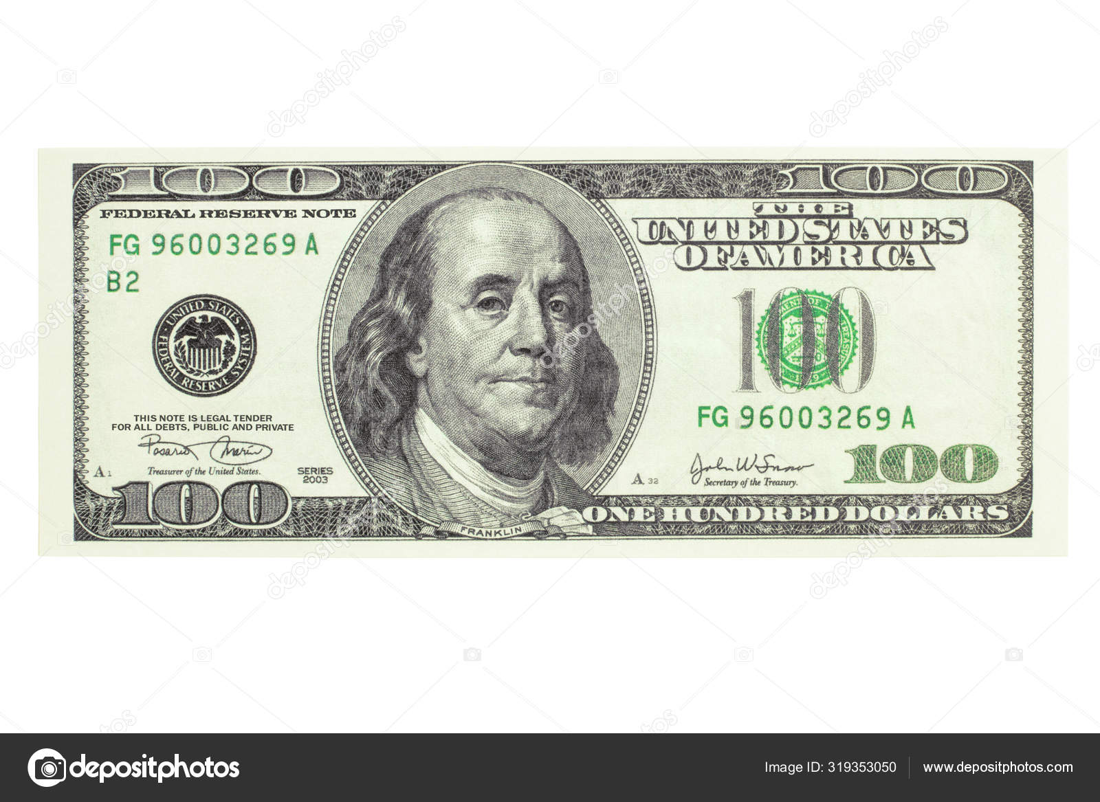 平铺着一张100美元的钞票的特写镜头,这张钞票被白色背景隔开了. 钞票的正面The front side of the banknote.  美国的现金。 商业和金融。 设计元素、裁剪路径——