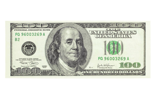 Flat lay closeup of a single one hundred dollar bill isolated on a white background. The front side of the banknote. American cash. Business and finance. Design Element, Clipping Path