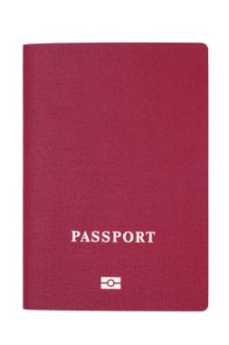 Uluslararası seyahat için pasaportun kırmızı kapağında beyaz arka planda izole edilmiş fotokopi alanı var. Tasarım, şablon, tasarım ögesi, kırpma yolu için boş