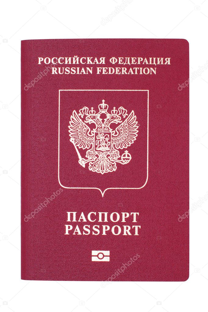 Flat lay red international passport of a citizen of the Russian Federation isolated on white background. Design element, clipping path.