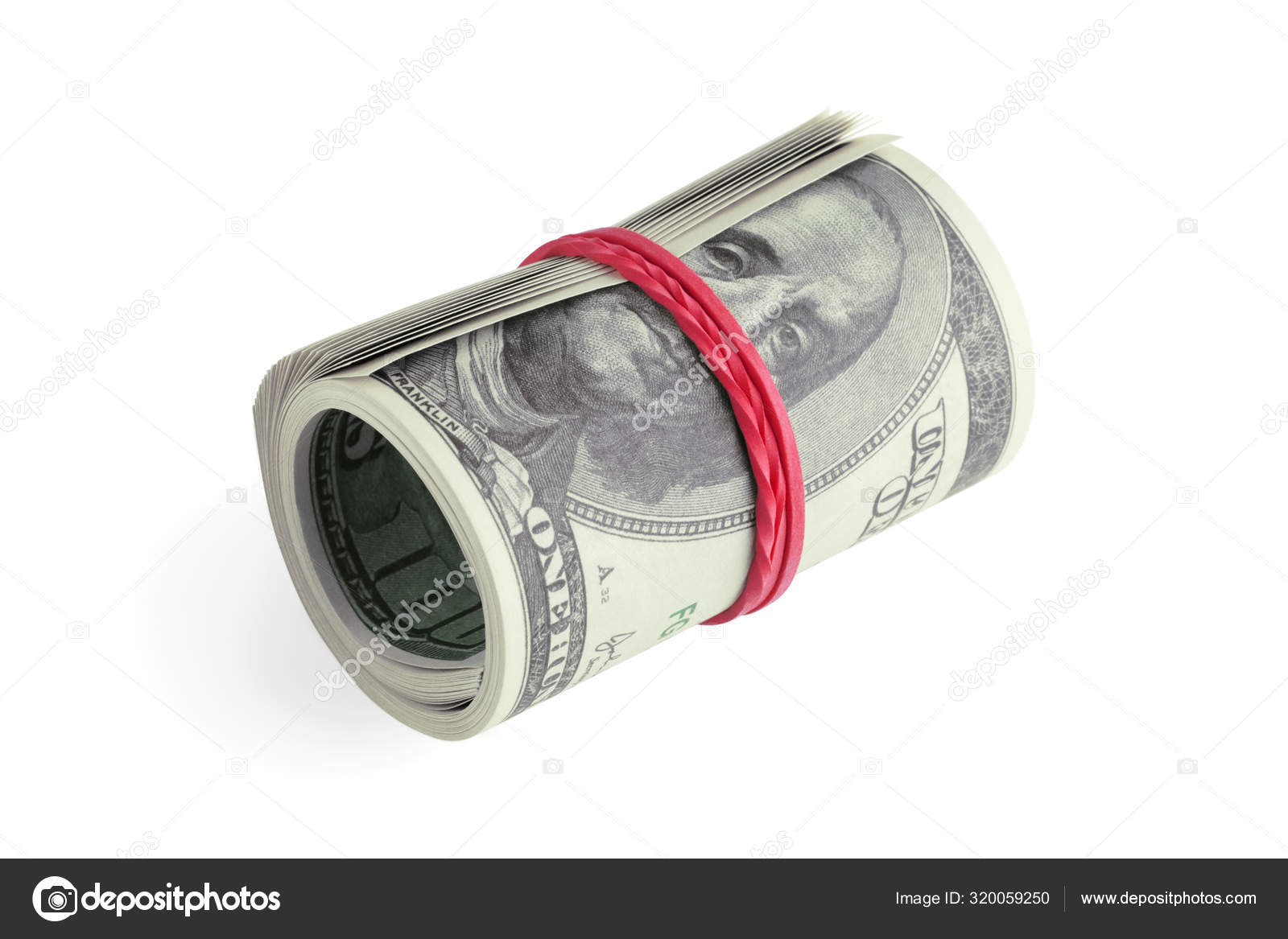 一捆100美元的美国钞票卷起并绑上一条白色背景的红色橡皮筋，从侧面看问题。 现金，设计元素，裁剪路径。 商业和金融危机—— 库存社论照片©, image size:1600x1167