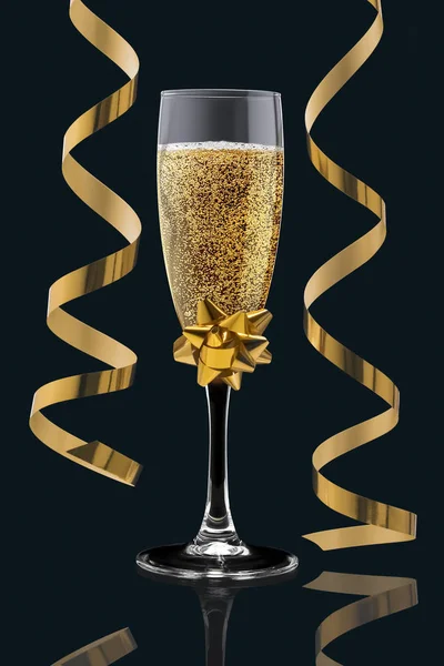 Un seul verre rempli de champagne mousseux doré avec un noeud doré dessus et deux rubans dorés torsadés sont isolés sur un fond noir. Élément de conception, chemin de coupe — Photo