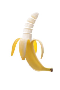 Sarı, olgun, yarım soyulmuş muz dilimleri havada uçuşurken beyaz bir zemin üzerinde izole edilmiş. Kesme yolu.