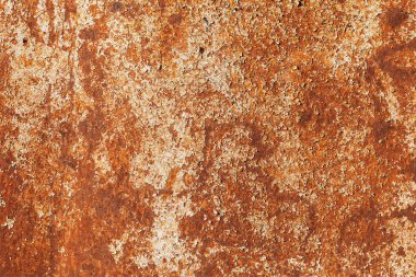 Düz paslı metal levha, çatlak boya ve çivi. Soyut turuncu trend grunge doku arkaplanı
