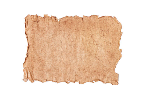Flat lay sheet of blank ancient shabby torn paper or parchment isolated on a white background.