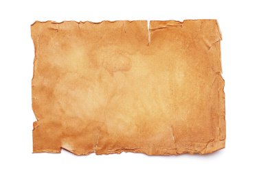Beyaz bir arka planda izole edilmiş, buruşuk kenarlı, eski, lekeli bir kağıt parçasının üst görüntüsü.