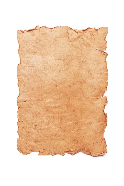 Vertical oriented sheet of antique stained torn medieval paper or parchment isolated on a white background. Template for map, letter or menu. — Stock Photo, Image