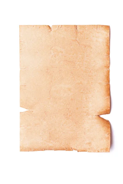 Verticaal georiënteerd blad van oud gescheurd gescheurd middeleeuws papier of perkament met kopieerruimte geïsoleerd op een witte achtergrond. Model voor kaart, brief of menu. — Stockfoto