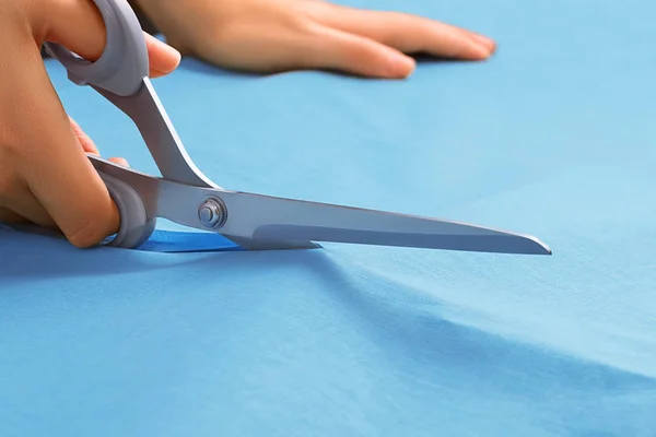 Close Side View Sewing Scissors Hands Girl Cutting Blue Fabric — Stock Photo, Image