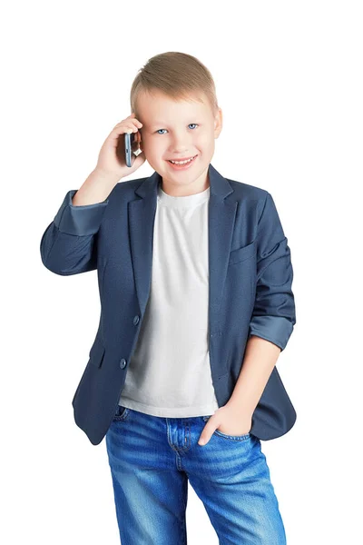 Aantrekkelijke Achtjarige Lachende Jongen Een Jasje Shirt Jeans Kijkend Naar — Stockfoto