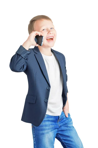 Stijlvolle Elegante Blanke Jongen Een Jasje Shirt Spijkerbroek Gesprek Met — Stockfoto