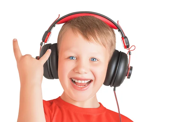 Happy Laughing Excited Caucasian Boy Blue Eyes Listening Music Headphones Royalty Free Stock Photos