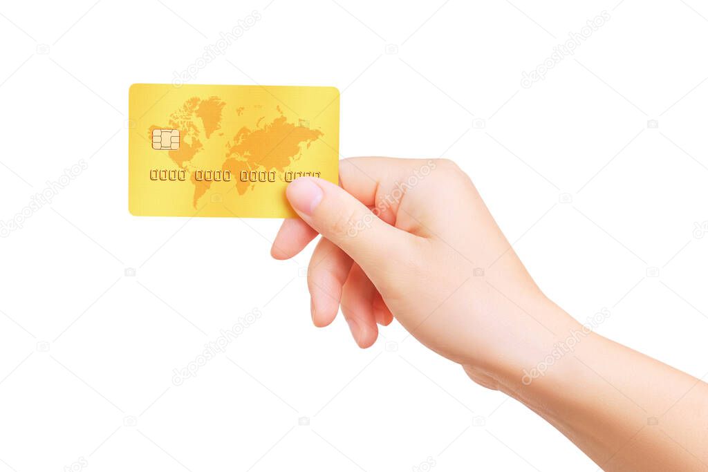 Closeup female hand holding a gold credit card isolated on a white background. Design element saved with clipping path.