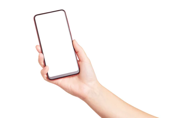 Beyaz arka planda boş beyaz ekranlı modern bir akıllı telefonu tutan kadın. Tasarım ögesi kırpma yolu ile kaydedildi.