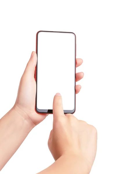 Gros Plan Une Fille Tenant Smartphone Moderne Dans Main Avec Images De Stock Libres De Droits