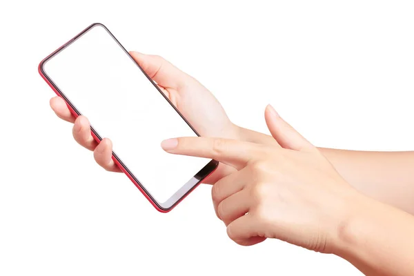 Closeup Girl Hand Touching Blank White Screen Modern Smartphone Finger — Stock Photo, Image