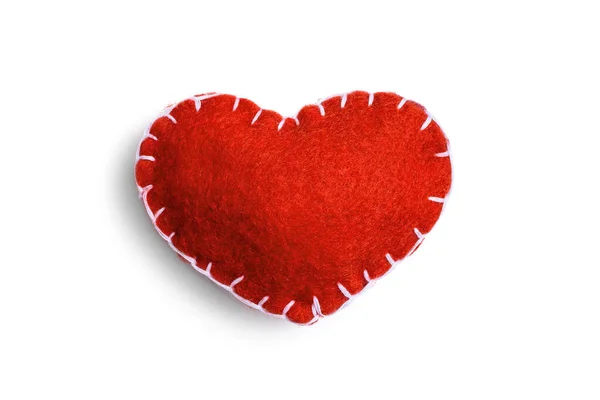 Handmade Red Heart Made Felt Stitched White Thread Isolated White — Stock Photo, Image