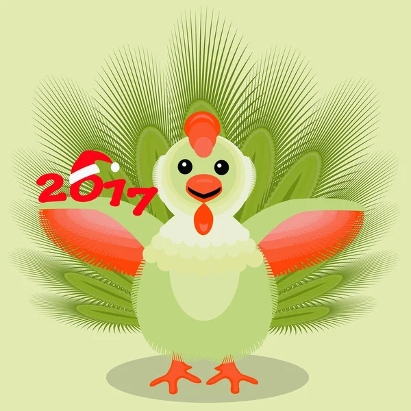 The icon picture a cockerel with feathers green, fluffy smart tail. two thousand seventeenth 2017 on light fone.simvol Christmas rooster chicken bird. to use for design, the press, t-shirts. vector il — Stock Vector