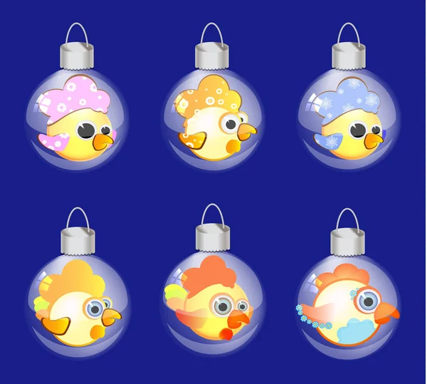Vzor bezešvé míč sklo vánoční dekorace ornament Silvestr s cockerels, ptáci — Stockový vektor