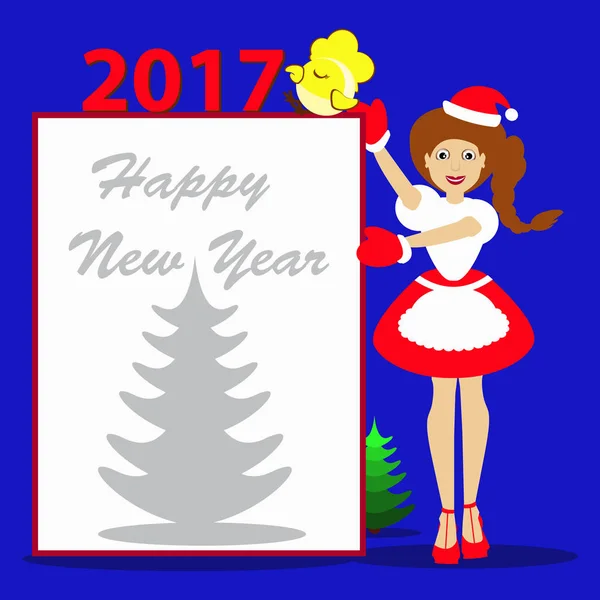 Santa girl Crăciun Anul Nou pe un fundal albastru cu simbolul 2017goda cocoș de pui vector ilustrație foaie hârtie albă pentru scris text — Vector de stoc