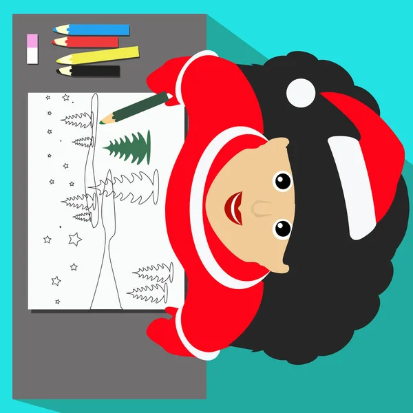Miss Snow Maiden Santa Claus vy ovanifrån bygger på ett vitt ark för att skriva text pennor landskap jul banner illustration i vektorformat — Stock vektor