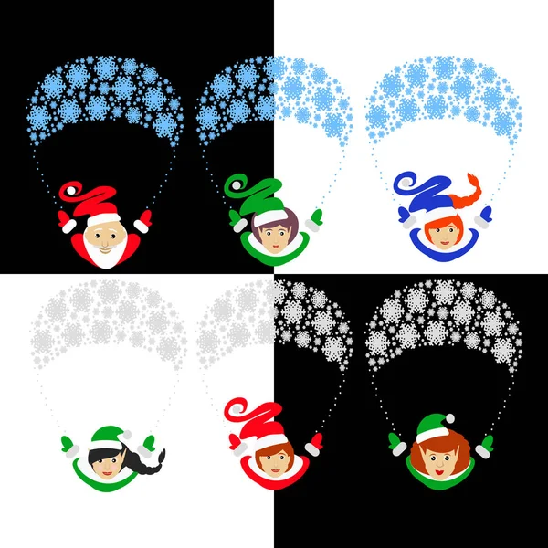 Santa Claus elfo la ilustración vectorial eps de 10 asistentes en un paracaídas de copos de nieve. Ayudantes de Santa Claus Gerl. Los asistentes de Santa traje tradicional. Familia de elfos de Santa aislado contra t — Vector de stock