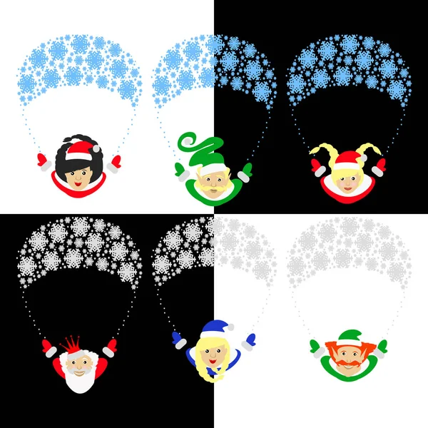 Santa Claus elfo la ilustración vectorial eps de 10 asistentes en un paracaídas en el cielo. Ayudantes de Santa Claus Gerl. Familia de elfos de Santa aislado en el fondo de. para la prensa, diseño, websi — Vector de stock