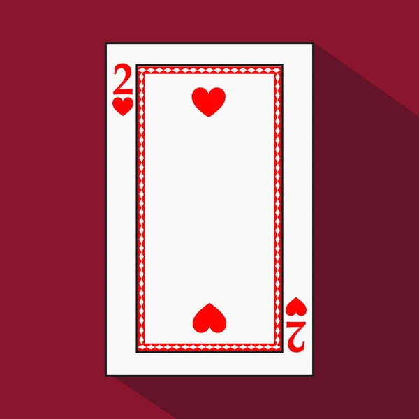 Spelkort. ikonen är lätt. Hjärtat två 2 med vit grund substrat. vektorillustration på röd bakgrund. ansökan utnämning för: hemsida, tryck, t-shirt, tyg, interiör, registr — Stock vektor