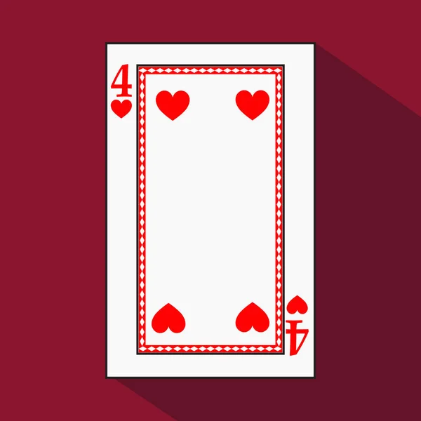 Carte da gioco. l'immagine dell'icona è facile. CUORE QUATTRO 4 con bianco un substrato di base. illustrazione vettoriale su sfondo rosso. applicazione appuntamento per: sito web, stampa, t-shirt, tessuto, interno, regist — Vettoriale Stock