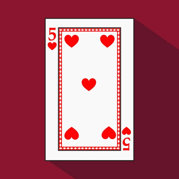 Hrací karta. Obrázek ikony je snadné. Srdce čtyři 5 s bílým základem substrát. vektorové ilustrace na červeném pozadí. schůzky aplikace: webové stránky, tisk, tričko, tkaniny, interiér, regist — Stockový vektor