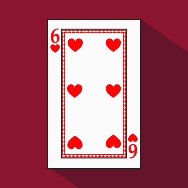 Spielkarte. das Symbolbild ist einfach. Herz sechs 6 mit weißem Untergrund. Vektor-Illustration auf rotem Hintergrund. Bewerbungstermin für: Website, Presse, T-Shirt, Stoff, Interieur, Registrierung — Stockvektor